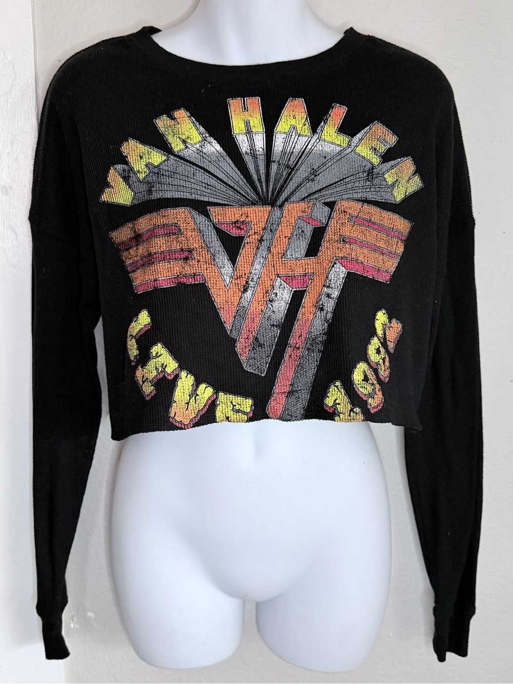 Forever 21 Van Halen Black Waffle Knit Crop Long Sleeve T-shirt Women S